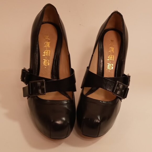 L.A.M.B. Black Leather Platform X Strap 5inch Stiletto heel size 8 - Picture 7 of 11